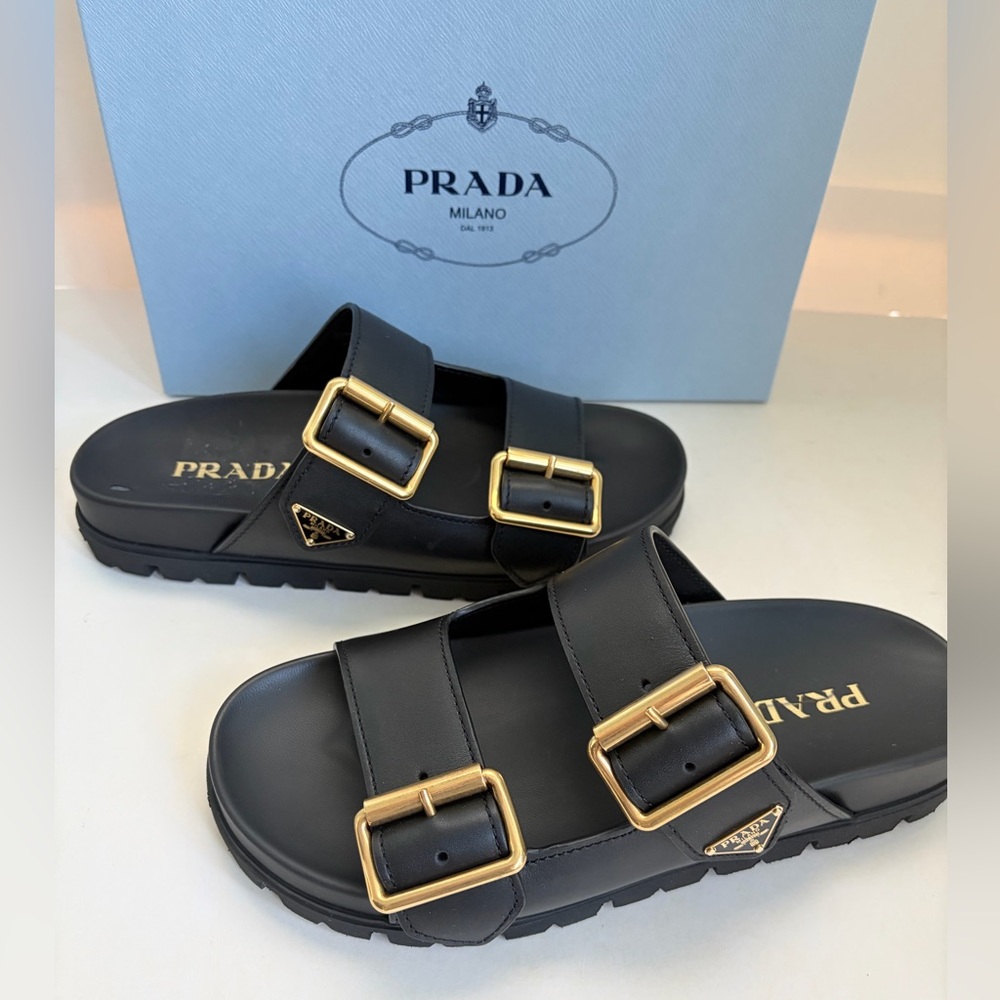 Prada Women’s Leather Dual-Buckle Slide Sandals - Picture 6 of 12